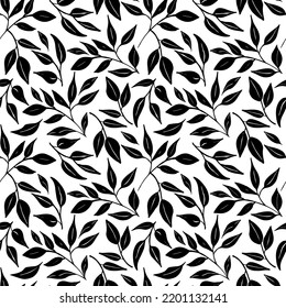 Abstract leaves silhouettes seamless pattern. Hand drawn black leaf with scribble rough textures. Plant motif with branch silhouettes, decorative brush twigs. Black ink texture with foliage.