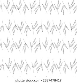 Abstract leaves silhouettes seamless pattern. Hand drawn black leaf with scribble rough textures. Plant motif with branch silhouettes, decorative brush twigs. Black ink texture with foliage.