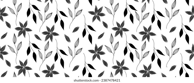 Abstract leaves silhouettes seamless pattern. Hand drawn black leaf with scribble rough textures. Plant motif with branch silhouettes, decorative brush twigs. Black ink texture with foliage.