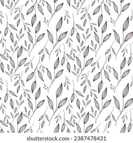 Abstract leaves silhouettes seamless pattern. Hand drawn black leaf with scribble rough textures. Plant motif with branch silhouettes, decorative brush twigs. Black ink texture with foliage.