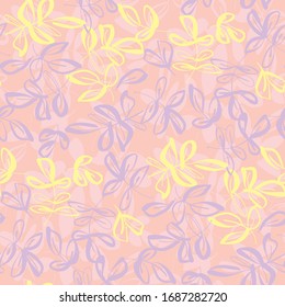 Hojas abstractas esbozan un patrón sin fisuras para el diseño de fondo, tela, textil, envoltura, superficie, web e impresión. Sencilla y sencilla cubierta de azulejos de color pastel.
