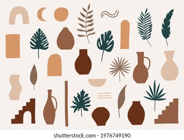 Abstract leaves and vases. Elements for banner, poster, flyer, greeting card, web design, print design. Vector illustration.