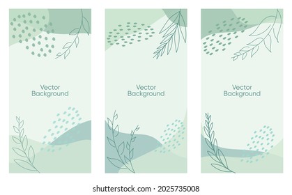 Abstract leaves vector modern stories background set. Geometric floral illustration background. Hand drawn pastel colored set. Abstract pastel patterns for social media story, poster, invitation.