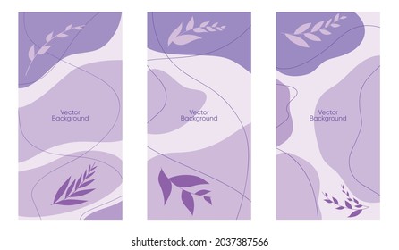 Abstract leaves vector modern stories background set. Geometric floral illustration background. Hand drawn pastel colored set. Abstract pastel patterns for social media story, poster, invitation.
