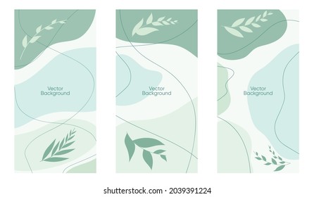 Abstract leaves vector modern stories background set. Geometric floral illustration background. Hand drawn pastel colored set. Abstract pastel patterns for social media story, poster, invitation.