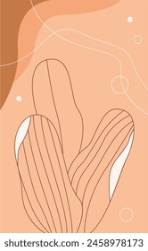 Abstract leaves, waves of lines and geometric shapes on yellow background vector illustration