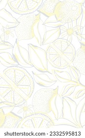 Abstract lemon background with leaves. Sketch style. 