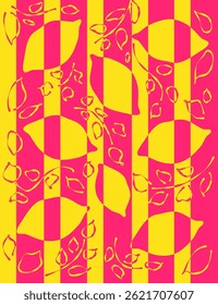 Abstract lemon background in pink and yellow, wallpaper summer pattern with lemons and leaves geometric