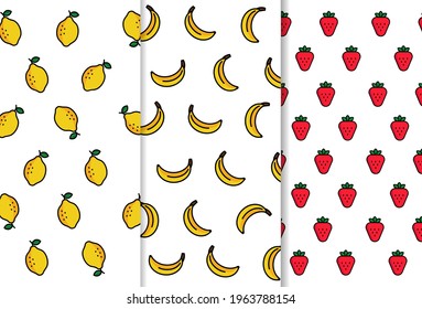 Abstract lemon, banana and strawberry pattern decoration set, boho fruit pattern collection, decorative fruit, design for decoration, wrapping paper, fabric, print or textile, vector illustration