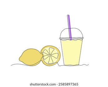 abstract lemon citrus juice glass with lid and straw, continuous single one line art hand drawing sketch logo 