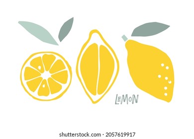 Abstract Lemon fruit, childish hand drawn doodle sketch isolated on white background. Flat vector illustration Food template for menu, lemon juice label, tea tag. Citrus whole fruit, half and slice. 