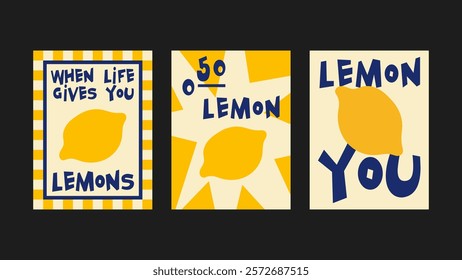 Abstract lemon and fruit posters for the kitchen. Culinary fruit compositions in cartoon trendy style of Matisse. Decor for kitchens, cafes and restaurants. Minimalist banners for wall decor, prints.