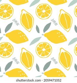 Abstract Lemon fruit seamless pattern, childish hand drawn doodle sketch background. Citrus whole fruit, half and slice Flat vector illustration. Food template for textile, wrapping paper, wallpaper.