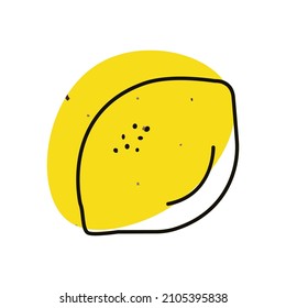 Abstract lemon or lime icon. Lines silhouette of tropical yellow fruit. Minimalistic picture for design decoration. Isolated lemon with spot on white. Black lines of citrus with stain, blot. Vector
