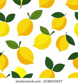 Abstract lemon seamless pattern with flat yellow fruits on a white background. Endless texture ideal for wallpaper, textiles, fabric, and paper. Fresh, bright, and simple design for modern projects.