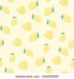 Abstract lemon seamless pattern. Half a fruit, a fruit with leaves. Infinite texture for wallpaper, textile, fabric, paper. Flat fruit on a white background. Vector illustration