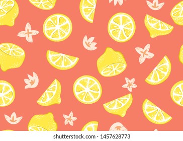 Abstract lemons, fruit slices and flowers on a coral background. Seamless pattern