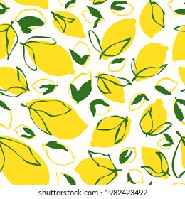 Abstract lemons with leaves seamless repeat pattern. Random placed vector citrus fruit all over surface print on white background.