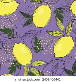 Abstract lemons pattern. Hand drawn line lemon illustration. Minimalism lemon. Seamless pattern with citrus fruits.