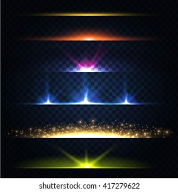 Abstract Lens Flares Collection. Glowing stars. Lights and Sparkles on Transparent Background. Shining borders. Vector Illustration.