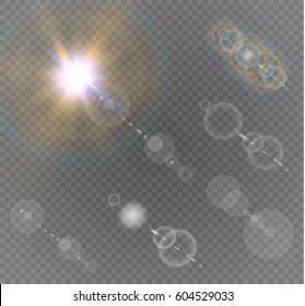 Abstract Lens Gold Front Solar Flare Transparent Special Light Effect Design. Vector Motion Blur Glare Glow.vector Illustration.set.