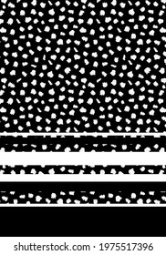 Abstract leo like dots seamless repeat pattern with striped boder print. Black and white vector elements placement print with dot aop. Perfect for apparel, textiles, wallpaper and backgrounds.