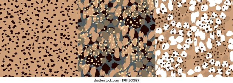 Abstract leopard animal Seamless Patterns. White, brown and black brush spots and dots rapport for background, textile, web, print. Abstract wild African animal skin print. abstract vector design. 