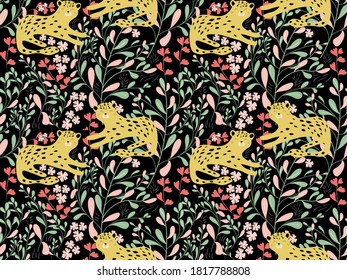 Abstract Leopard and Foliage Seamless pattern. Cute pattern vector. A pattern for print, wallpaper and textille. Folk pattern style. 