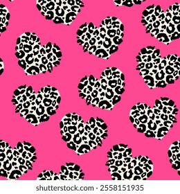 Abstract leopard hearts seamless pattern. Hand drawn pink animal love print with spotted heart shape. Safari grunge texture background for fashion print, fabric, textile, Valentines day decor.