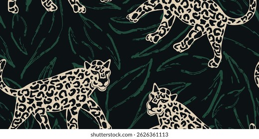 Leopardo abstrato e folhas padrão de impressão sem costura

