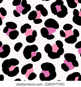 Huella de leopardo abstracta. Patrón exótico de piel animal silvestre sin soldadura. Silueta de punto rosa sobre fondo blanco. Ilustración de material vectorial.