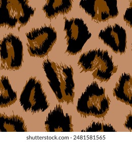 Abstract leopard print featuring a seamless arrangement of spots and markings in warm shades of brown. Perfect for textiles, fashion accessories, modern interior decor. Vector seamless pattern.