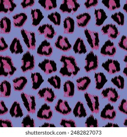 Abstract leopard print featuring a seamless arrangement of pink spots on violet background. Perfect for textiles, fashion accessories, modern interior decor. Vector seamless pattern.