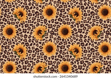 Abstract leopard print with sunflowers seamless pattern for background fabric banner 