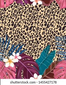 Abstract leopard print with tropical leaves and flowers. Seamless pattern. Animal background. Vector illustration