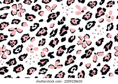 Abstract leopard seamless pattern with black spots and pink flowers on a white background. Trendy botanical and animal skin background.