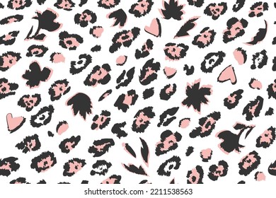 Abstract leopard seamless pattern with black and pink spots, flowers, leaf. white background. Trendy botanical and animal skin background.