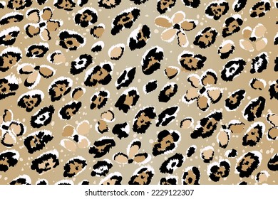 Abstract leopard seamless pattern with black spots and flowers on brown gradient background. Trendy botanical and animal skin background.