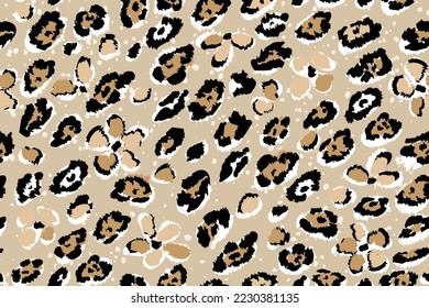 Abstract leopard seamless pattern with black spots and flowers on brown background. Trendy botanical and animal skin background.