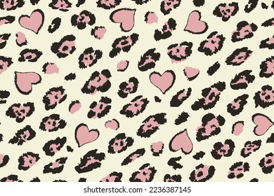 Abstract leopard seamless pattern with black spots and pink hearts on a white background. Trendy concept Love and animal skin background.