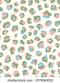 Abstract leopard seamless repeat pattern. Random placed, colorful and fun vector animal skin all over surface print.