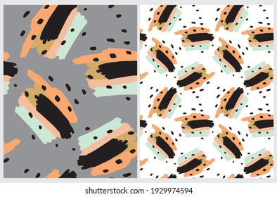 Abstract Leopard Skin Seamless Vector Patterns. Blue, Brown, Orange, Gold and Black Irregular Brush Spots on a White and Gray Background. Abstract Wild Animal Skin Print. Irregular Geometric Design.