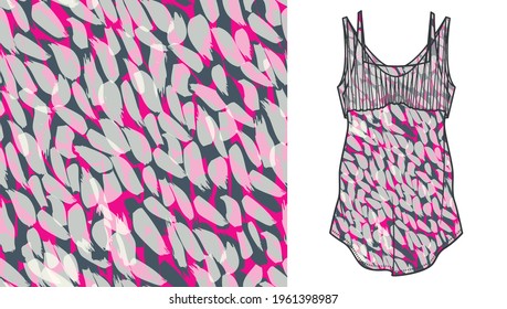 Abstract Leopard Skin Seamless Vector Patterns  on women's top mockup. Brush Spots on a pink Backgrounds. Abstract Wild Animal Skin Print. 