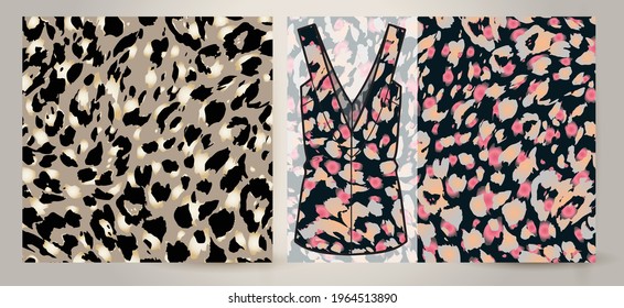 Abstract Leopard Skin Seamless Vector Patterns on women's top mockup.. White, Brown and Black Irregular Brush Spots on a Gray and Gold Backgrounds. Abstract Wild Animal Skin Print.