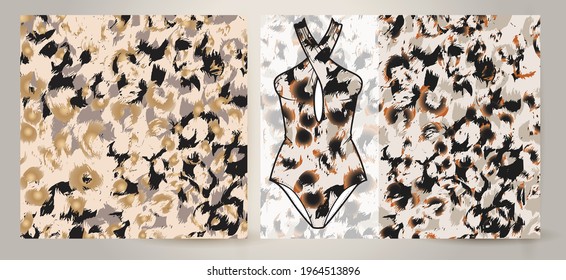 Abstract Leopard Skin Seamless Vector Patterns On Women's Swimsuit Mockup. White, Brown And Black Irregular Brush Spots On A Gray And Gold Backgrounds. Abstract Wild Animal Skin Print.