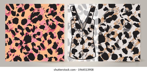 Abstract Leopard Skin Seamless Vector Patterns on women's top mockup. White, Brown and Black Irregular Brush Spots on a Gray and Gold Backgrounds. Abstract Wild Animal Skin Print.