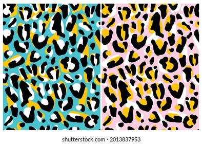 Abstract Leopard Skin Seamless Vector Patterns. White, Yellow and Black Irregular Brush Spots on a Pink and Blue Backgrounds. Abstract Wild Animal Skin Design. Simple Wild Cat Fur Print.