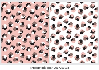 Abstract Leopard Skin Seamless Vector Patterns. Pink, Brown and Black Irregular Brush Spots on a White and Pink Backgrounds. Abstract Wild Animal Skin Print. Simple Irregular Geometric Design.