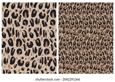 Abstract Leopard Skin Seamless Vector Patterns. Brown and Black Irregular Brush Spots on Brown and Dusty Beige Background. Abstract Wild Animal Skin Print. Simple Irregular Geometric Design.