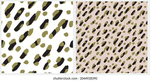 Abstract Leopard Skin Seamless Vector Patterns. Green and Black Irregular Brush Spots on a White and Light Dusty Beige Backgrounds. Abstract Wild Animal Skin Print. Simple Irregular Geometric Design.